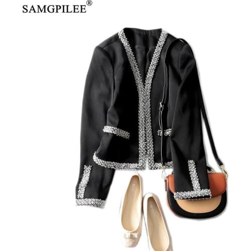 European High-end Women Clothing 2021 Spring And Autumn New Beaded Buttonless Full Sleeve Slim Plus Size Black Jackets For Woman