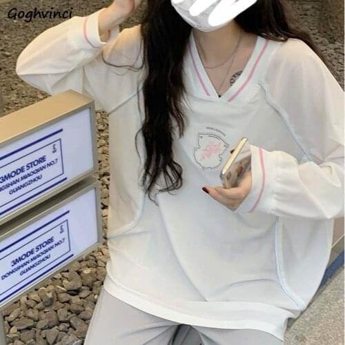 Oversize V-neck Patchwork T-shirts Women Loose Preppy Girls Long Sleeve Breathable Sunscreen Ins Popular T Shirt Student Leisure