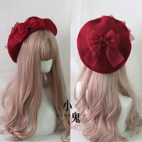 Kawaii Japanese Beret Hat Lolita Teenage heart Sweet Woolen Handmade Cute Lace Bowknot Warm Autumn Winter Painter Hat Headdress