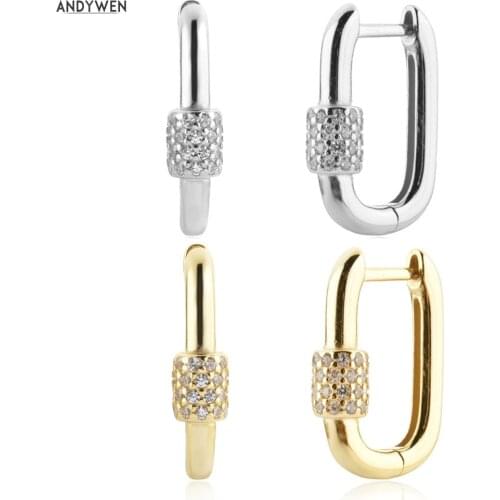 ANDYWEN 925 Sterling Silver Gold Zircon Ball CZ Hoops Oval Women Plain Luxury Rock Punk Clips Jewelry For Women Party Wedding