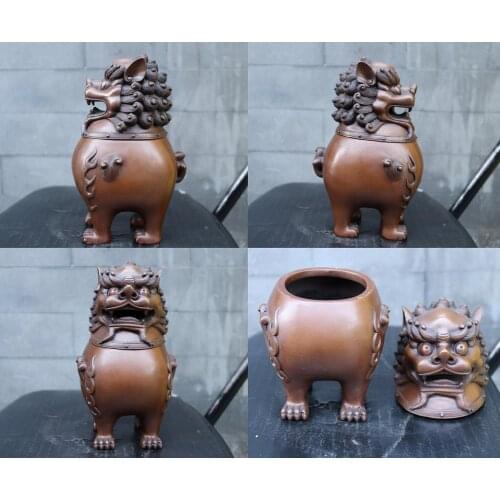 7.8 inches China Pure red Copper Foo dog lion Animal Incense Burners censer incensory Bronze Decoration Home Gift