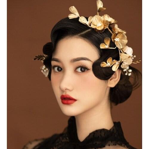 Fashion Barrettes Headdress Fairy Golden Flowers Pearl Wedding Bride Model Show Studio Photo Shoot Decoration Hair Accessories