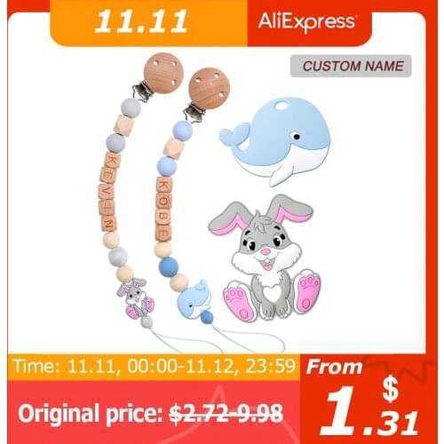 TYRY.HU Silicone Teether Wood Beads Set BPA Free DIY Baby Teething Necklace Baby Cartoon Rabbit Pacifier Chain Personalized Name