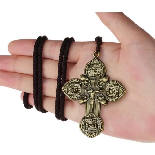 ICXC Russian Eastern Orthodox Crucifix Jesus Pendant Necklace Braided Rope Chains Necklace Pectoral Cross Priests Prayer Jewelry