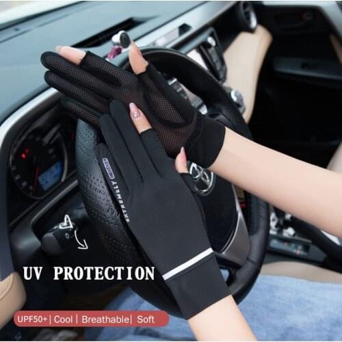 Summer Anti-UV Ice Silk Thin Mesh Breathable Gloves Sunscreen Touch Screen Outdoor Two-Finger Driving Non-Slip Lady Gloves