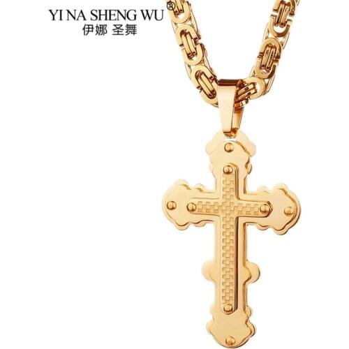 Titanium Steel Orthodox Cross Pendant Hip Hop Rolling Necklaces For Men Necklace Gold Silver Color Byzantine Chains Male Jewelry