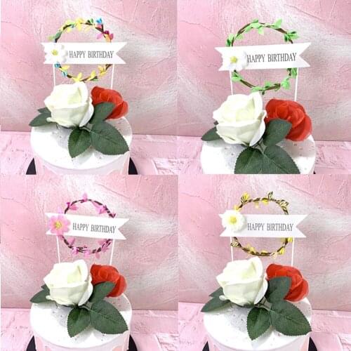 Romantic Mori Style Cake Toppers Rattan Garland Insert Table Dessert Decoration Baby Happy Birthday Wedding Favor