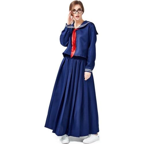 Long Sleeve Pleated Skirt Sailor School uniforms Costumes Cosplay Girls Woman Japanese Navy Students Uniforms