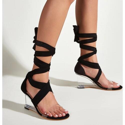 Womens Sandals Summer PVC Transparent Wedges Heels For Women Cross Strappy High Heels Design Gladiator Sandals Female Shoes
