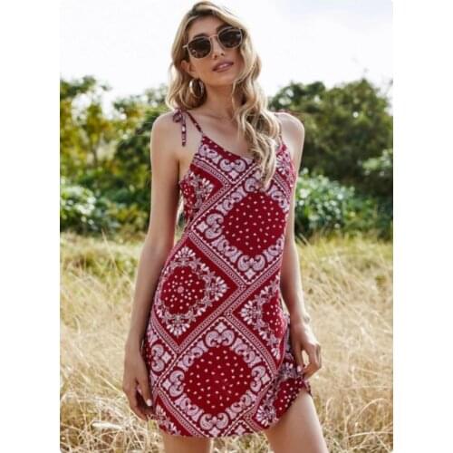 Sexy strap dress retro style 2021 new womens strap style tropical print mid-waist style commuter dress