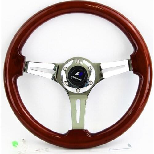 LR Universal 14" 350mm Wood Grain Steering Wheel 6 Bolts 1.75" Dish 3-Spoke Wood