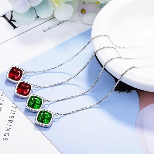 Utimtree Square Green Red Crystal Long Tassel Earrings Jewelry Women Sterling Silver 925 Dangle Earring for Party Brincos Bijoux