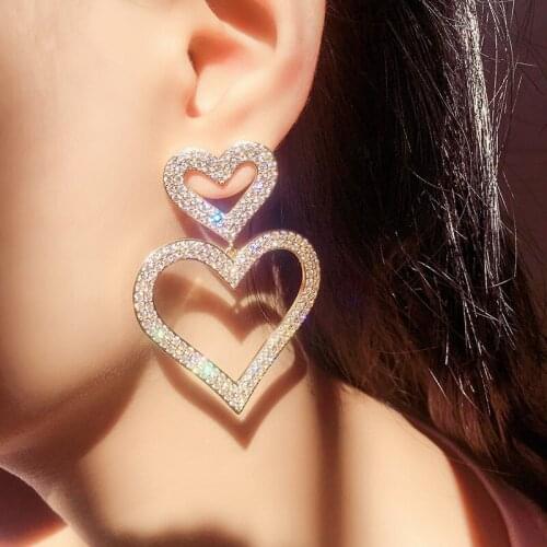 2021 New Trendy Copper White AAA Cubic Zirconia Hollow Double Heart Trendy Dangle Earrings Women Earrings Free Drop Shipping
