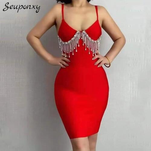 High Quality WomenS Red Diamond Tassel Bodycon Bandage Dress 2021 Summer Sexy Spaghetti Strap Backless Celebrity Party Dress