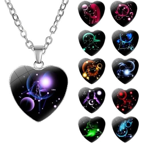 Women 12 Zodiac Constellations Sign Glass Heart Pendant Necklace Birthday Gift hot