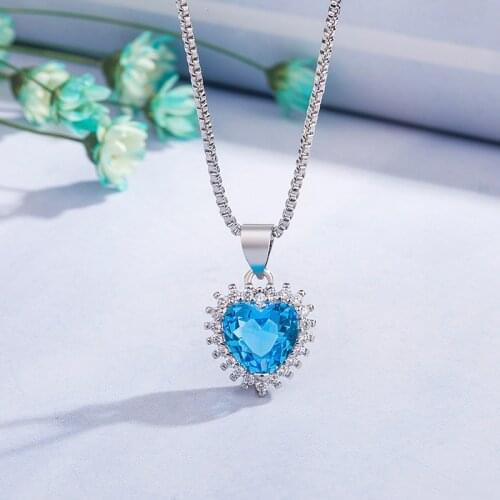DAIWUJAN Big Love Heart Shape Blue Crystal Womens Necklaces Luxury Zircon 925 Silver Pendant Engagement Wedding Jewelry Gift