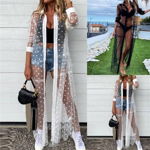 Woman Polka Dot Beach Smock Sexy Lapel Long Sleeve Ladies 2021 New Mesh Perspective Long Top Cover Up
