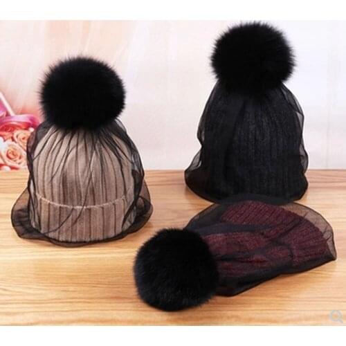 2021 New Faux Fur Pom Pom Hat Mesh Lace Beanies Cap Winter Warm Knitted Hats For Women Fashion Veil Skullies Caps