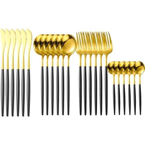 24Pcs/set Stainless Steel Dinner Black Gold Dinnerware Set Knife Fork Coffee Spoon Cutlery Set Kitchen Tableware Silverware Sets