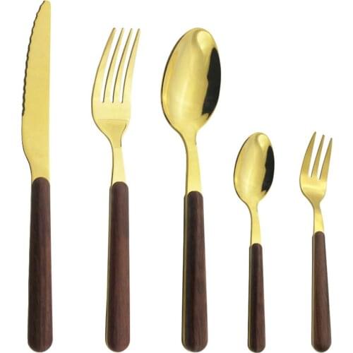 5pcs Stainless Steel Dinnerware Set Flatware Glossy Gold Wooden Tableware Western Food Knife Fork Teaspoons Cake Fork Cutleries