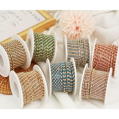 RESEN 10yards SS6 Gold Base Colorful Rhinestone Pearl Cup Chain Crystal Glass Rhinestone Dense Chain Pearl Trim For Garments