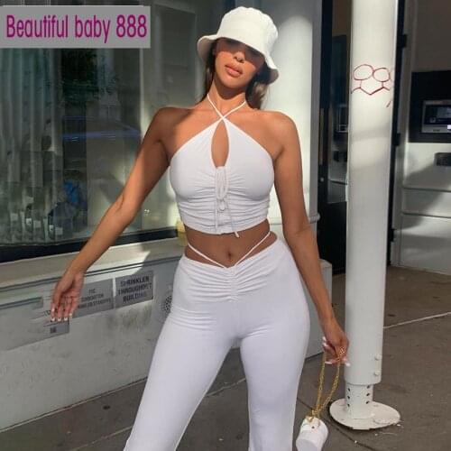 Meqeiss club halter ruched activity womans outfit casual tank top leggings fitness 2piece set simple female Basic lace up wear