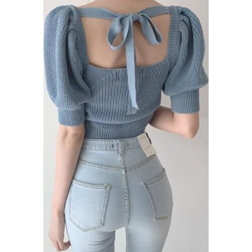 Korean Pullover Sweater Female Sexy Hollow Open Back Strappy Slim Sweater Woman Fashion Elegant Puff Sleeve Knit T-Shirt Ladies