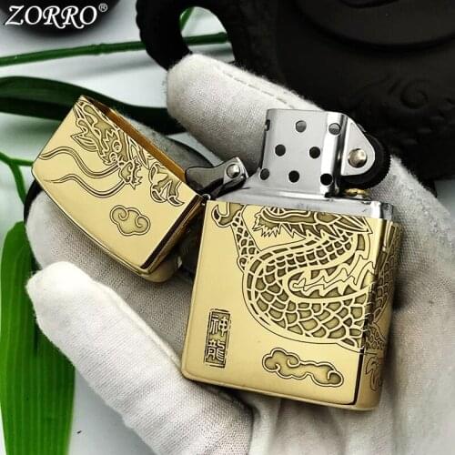 Brass Gasoline Lighter Fine Carving Around Dragon Zorro Pure Copper Kerosene Lighter With Gift Box