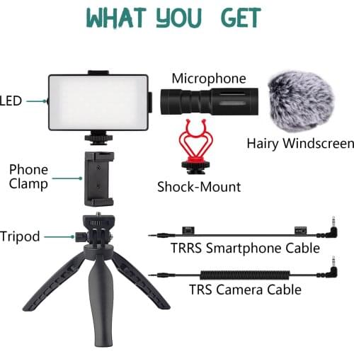 Phone Vlogging Mini Tripod Kit for Video Recording Microphone Battery LED Light Windscreen Phone Clamp Tripod Shock TRS/TRRS