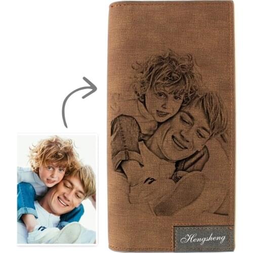 Picture Wallet Men Slim Long Style Bifold Customize Inscription Photo Carving PU Leather Engraving Fathers Day Purses