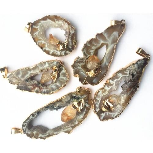 New Hot Geode Agates Slice Pendants Inlaid Natural Citrines Point Irregular Shape Stone Elegant Quartzs Jewelry Making 4PCS