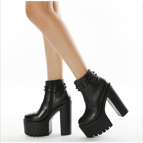 New Sexy High Heels Shoes Woman Female Round Toe Boots Thick Heel Platform Women Genuine Leather Shoes Ankle Boots Large size