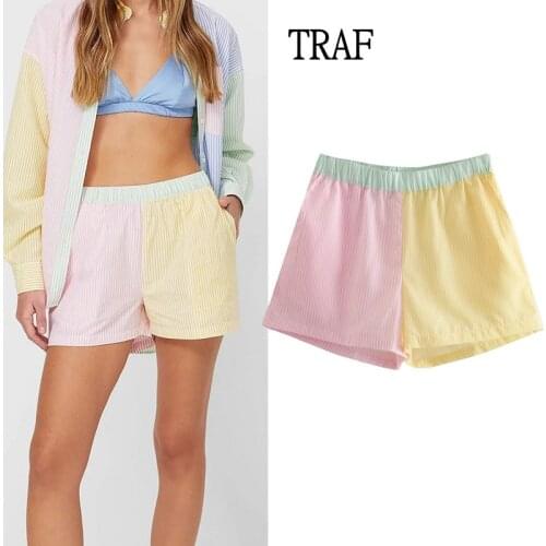 TRAF Shorts Women Za 2021 Summer Fashion Stripe Elastic Waist Loose Shorts Female High-Waisted Women Clothing Casual Shorts