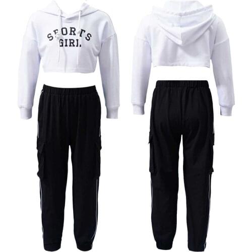 Kid Girls Sport Suit Teen Tracksuit Letters Print Sweatshirt Crop Tops Pants Set Sportswear for Running Gym Modern Dance Workout