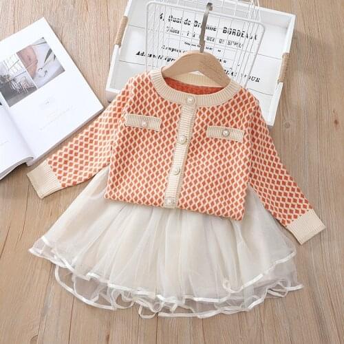 Girls Long-Sleeve Sweater + Skirt 2PCS 1-6 y Girl Autumn and Winter Temperament Fashion Sweater Net Yarn Skirt Kid Party clothes