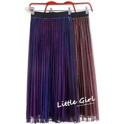 Gradient Mesh Reflective Skirts Womens Vintage Pleated Skirts Women Casual Mid-calf Skirts Women Summer Autumn 2 Layers Clothes