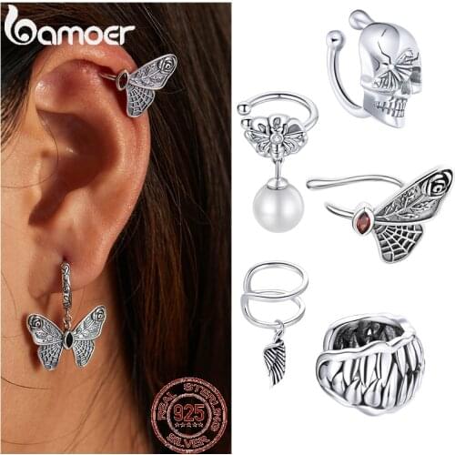 Bamoer Vintage 925 Sterling Silver Dark Butterfly Ear Cuff Clip Butterfly Earrings for Women Wedding Jewelry BSE533
