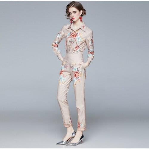 Vintage Print Runway Pants Suit Sets 2021 Womens Long Sleeve Flower Print Blouse Top + Pocket Straight Pants Two Pieces Set
