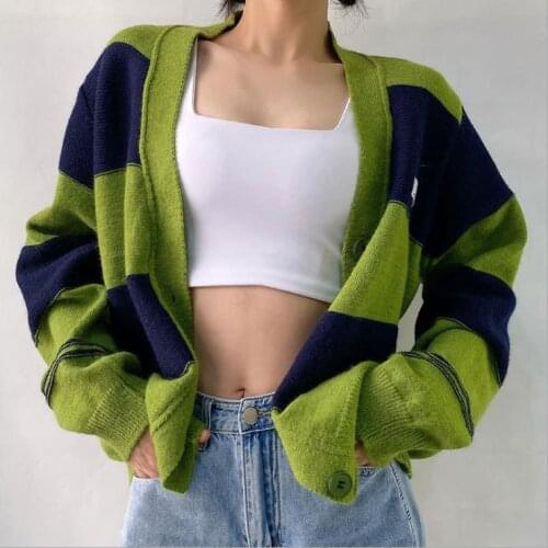 Womens Sweater Cardigan Patchwork Long Sleeve V-neck Knitted Jacket Single-breasted Loose Ladies Autumn Sweater Cardigan Top