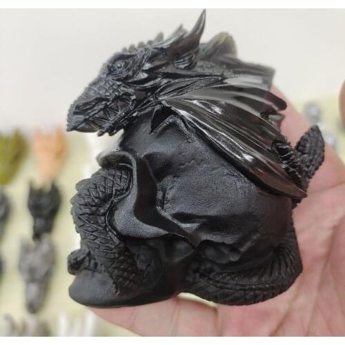 1pcs 400-500g Dragon skull Figurine Natural Stone Black Obsidian Crystal Healing Carved Animal Statue Rock Decor