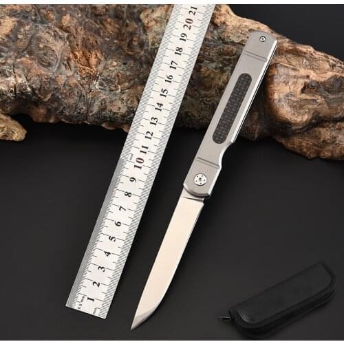 21CM-D2 Folding Knife Titanium Alloy Handle Survival Tactical Knife Inlaid Carbon Fiber Portable Pocket Knife