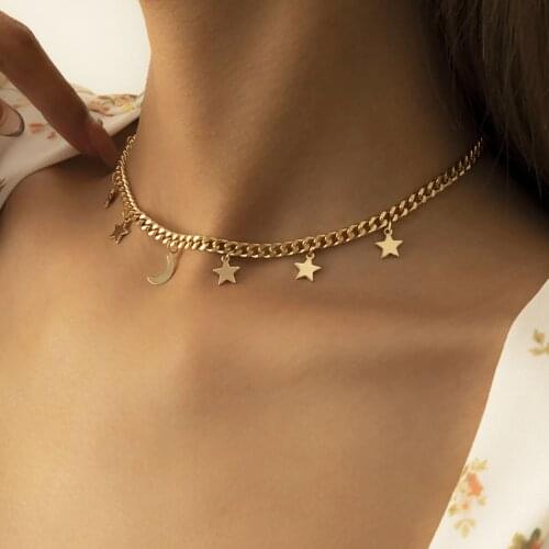 Boho Simple Star Moon Tassel Pendant Necklace Lady Retro Fashion Creative Golden Short Clavicle Necklaces Girl Glamour Jewelry