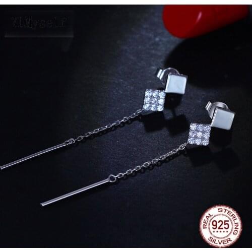 Long chain Real 925 earring crystal square jewelry OL elegant jewellery long chain tassel silver earrings
