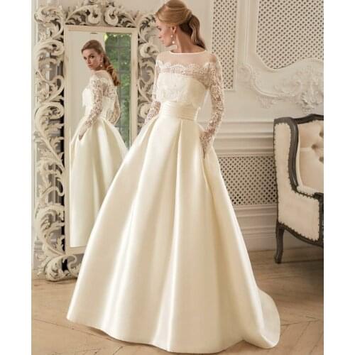 Elegant Long Sleeve Lace Wedding Dresses A-Line Satin Buttons Back Robes De Mariée Bridal Gown For Women