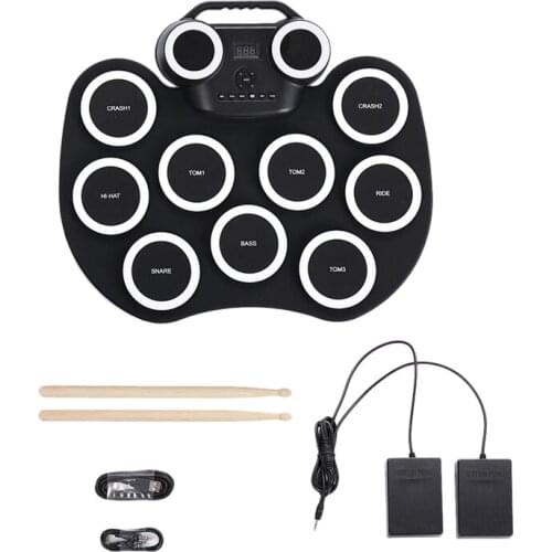Electronic Drum Foldable Practice Drum Pad Rechargeable Drum Kit Built in Speakers Foot Pedals Drum Sticks for Beginners