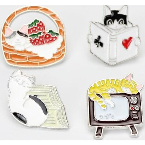 Cartoon Cute Cat Enamel Pin Strawberry Book Basket TV Brooches Bags Clothes Lapel Pin Badge Jewelry Gift For Friend Kids Woman
