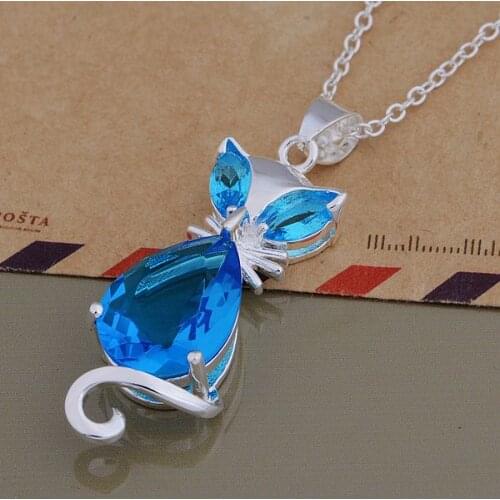 Europe silver color fashion stone CZ cat elegant kitten blue crystal necklace lady women charms Best Gift Free shipping