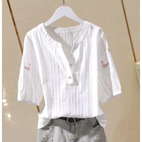 Cotton 100% Women White Shirt Summer New Embroidery Half Sleeved Slim Elegant Office Lady Fashion Tops