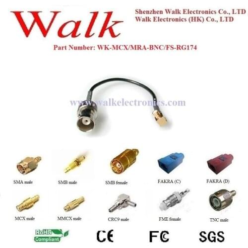 MCX male angle BNC female rg174 cable, MCX BNC rg174 cable, BNC connector cable