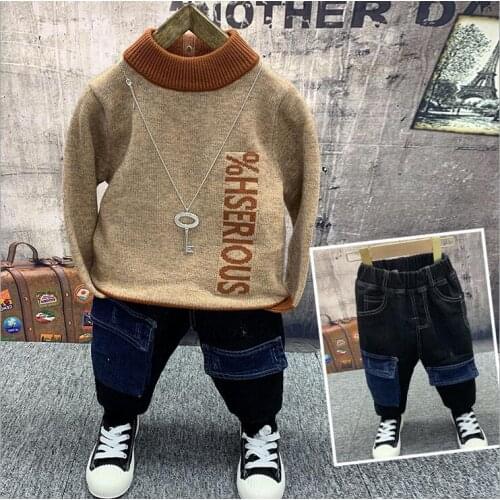 Baby Boys Clothing Sets winter Childrens Warm knit sweater, thick jeans 2pcs Suits boys Sports Kids Clothes Fashion Clothes 2-6